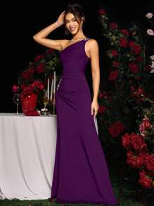 Coutiva Rhinestone Asymmetric Neckline Thigh-High Slit Wrap Dress - Purple - View 3