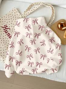 SHEIN Leap Crew 少女奶油白，时尚可爱，奶油粉豹纹蝴蝶结图案，休闲简约宽松舒适长袖卫衣，适合秋冬季节，卫衣，秋季，轻松舒适，适合秋季叠穿，时尚休闲，印花图案，返校季，秋季 - 彩色 - 查看 2