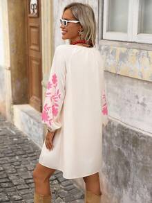 Brillora Women's V-Neck Lantern Sleeve Loose Retro Mini Dress,,Floral Applique Dress, Lantern Sleeve Dress, Long Sleeve Summer Dresses, Tunic Dresses, 70s Dress,Fall Women Clothes,Fall Dresses For Women,Teacher Outfits For Women,Fall Outfits For Women