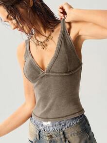 Bohemela Áo ba lỗ dáng croptop cổ chữ V dệt kim trơn màu phong cách du lịch thường ngày dành cho nữ, mùa hè - màu nâu - Xem 6