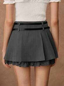 SHEIN Unity Elegante gonna midi romantica da appuntamento con doppia vita, orlo in pizzo e volant plissettati, gonna da fata - Grigio - Visualizzare 2