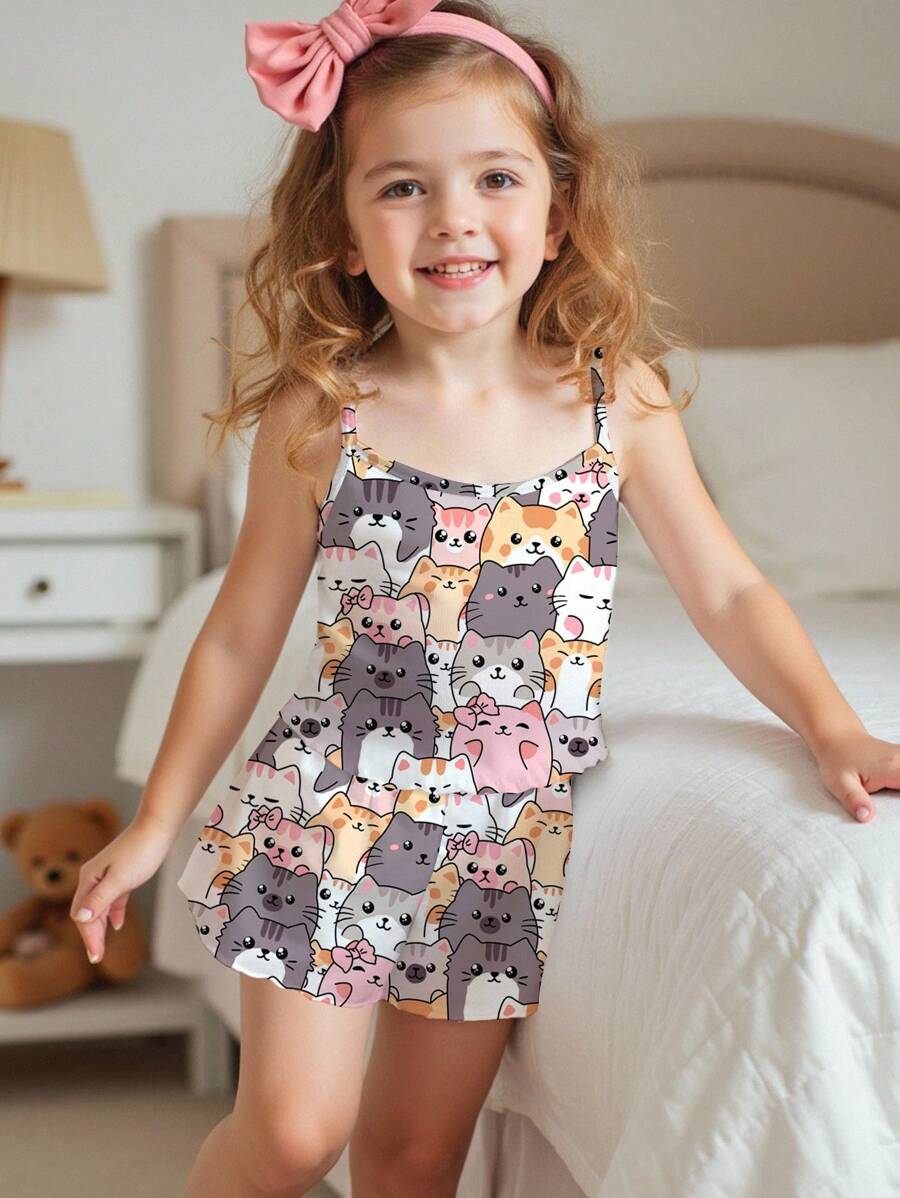 SHEIN 2 件套年轻女孩休闲简约猫咪卡通印花吊带背心和短裤睡衣套装,适合夏季 - 彩色 - 查看 1
