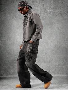 SUMWON Pantalones vaqueros de tiro alto con pernera extra ancha, desgastados, holgados, estilo skater, de carpintero, de utilidad, de estilo callejero, de cultura grunge, de denim relajado, con acabado crudo y a la moda