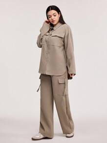 Veilorie Casual Women Shirt And Cargo Pocket Pants Two-Piece Set, Daily Wear - Khaki - View 4