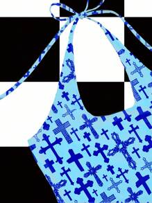 Studio Chunk Women's Summer Fashion Cross Print Backless Halter Top Blue Cross Top Blue Summer Top Blue Crop Top Blue Tops For Women Going Out Tops - Blue - View 3