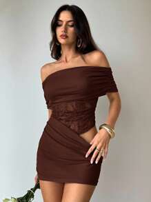 Aloruh Women's Sexy Elegant Off-Shoulder Waist Cutout Sheer Lace Contrast Mesh Mini Dress - Brown - View 5