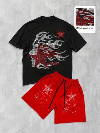 Grunge Punk Men's Flame Face Short Sleeve Rhinestone Star T-Shirt And Shorts Set