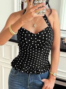 Breezaya 女士优雅时尚简约百搭修身露背荷叶边下摆波点印花吊带背心，适合夏季大学校园穿着