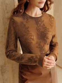 Anewsta 女式长袖圆领欧根纱透视镂空毛衣 - 咖啡棕 - 查看 1