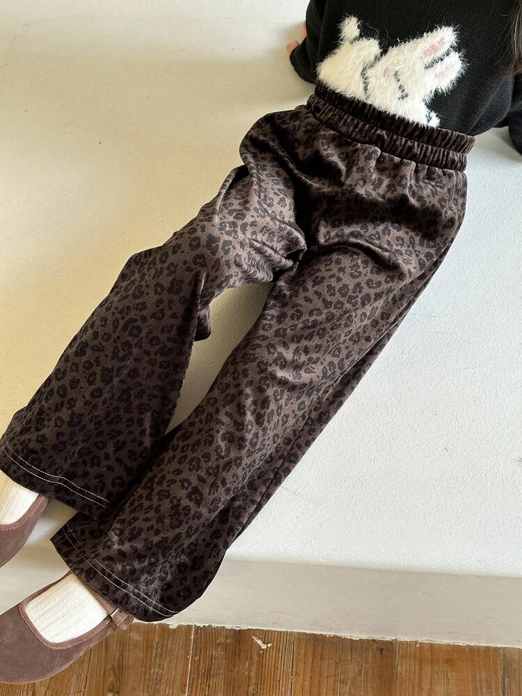 Young Girls All-Over Leopard Print Casual Loose Wide Leg Flare Pants