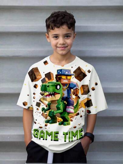 SHEIN Dinosaur Sunglasses Dinosaur Rider Rock Game World Square Graphics Tween Boys' Casual Crew Neck Short Sleeve T-Shirt, Suitable For Summer Boys Gaming Shirts Boys Graphic Tee Shirts
