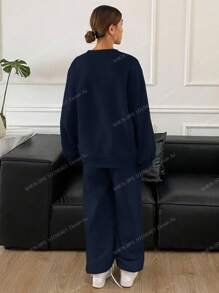 DAZY 2件套女士宽松休闲服，秋季新品，返校季运动套装，女士家居服套装 - 藏蓝色 - 查看 5