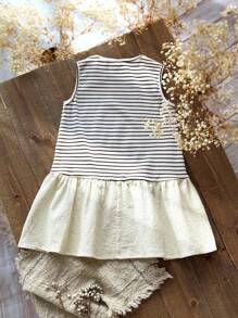 SHEIN Young Girl Loose Casual Minimalist Comfortable Round Neck Striped Sleeveless Patchwork Ruffle Hem Dress, Striped Camisole Dress, Suitable For School, Home, Outdoor Sports, Beige Dress, Striped Dress, Vacation Dress, Matching Mother And Daughter School Girls Clothes  Toddler Girl Fall Clothes