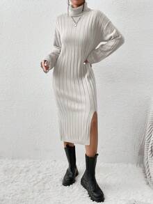 EURMUSE Slit Hem High Neck Drop Shoulder Sweater Dress (belt Not Included) - Beige - View 4
