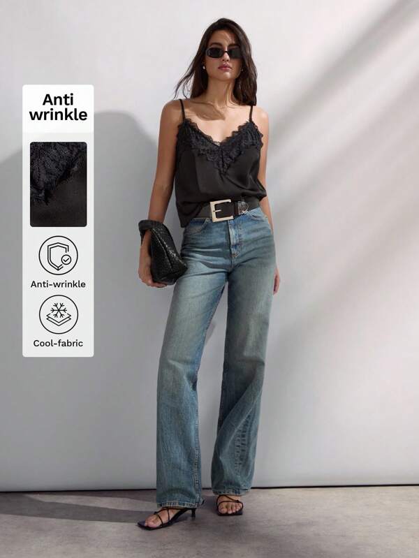 Maija Women's Black Contrast Lace Dress, Elegant Romantic Stylish Comfortable V-Neck Adjustable Spaghetti Strap Loose Vacation/Business Casual Shirt Blouse Business Casual Women's Office Wear Low-Key Old Money Style Effortless Temperament High-End Urban Commuting King Magazine Editor-In-Chief Same Style Urban Social Vacation Party Wear Charming Women's Airport Clothing Stockholm Style,Autumn Outfits For Women