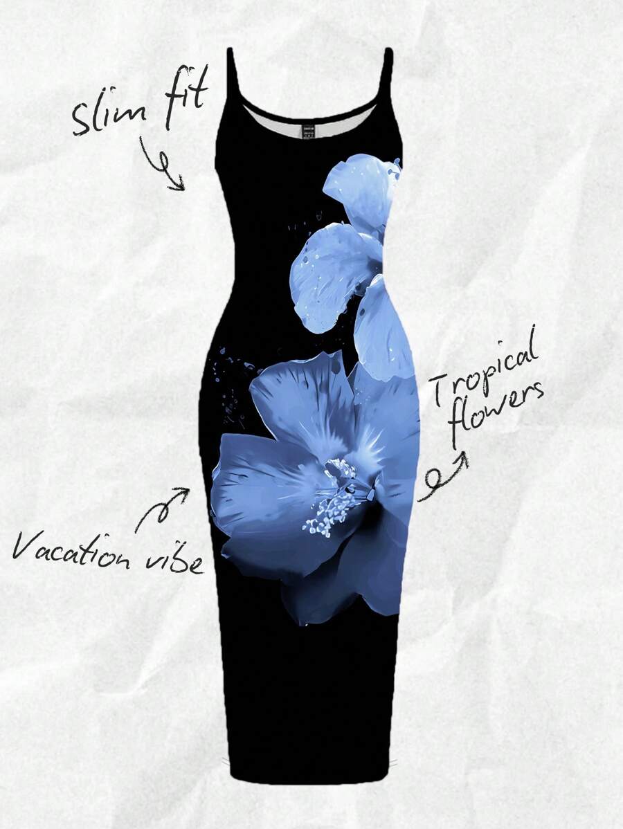 SHEIN EZwear 休闲简约蓝色热带花卉印花紧身长裙,适合夏季 - 彩色 - 查看 1