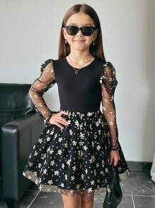 SHEIN 青少年女孩合身休闲简约舒适圆领落肩 A 字中长连衣裙