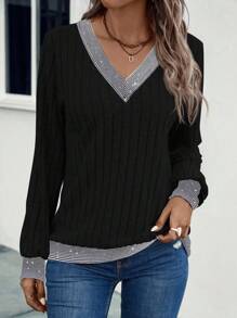 SHEIN LUNE Casual Everyday Contrast Color Striped Patchwork Sweatshirt Pullover Fall