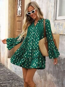 Brillora Damen Urlaubs-Lässig Polka Dot Muster Weite Ärmel Kurzes Kleid - Grün - Übersicht 9