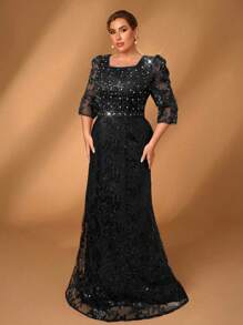 Serin Vestido formal de sirena con mangas medianas, elegante y romántico, con encaje muy adornado con cuentas y rhinestones, apropiado para gala, banquete, madre de la novia, talla grande