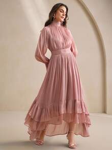 Anewsta 女式新款优雅高端永恒纯色复古喇叭袖不对称荷叶边下摆连衣裙 - 粉色 - 查看 4