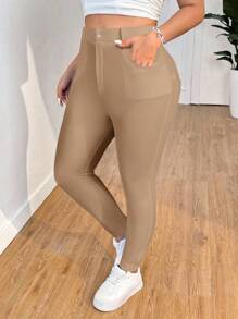 SHEIN EZwear 大码女式休闲纯色紧身裤，百搭简约 - 卡其色 - 查看 4