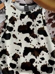 SHEIN EZwear Casual Minimalist Cow Print Pattern Round Neck Tight Fit Women Tank Top, Suitable For Summer Chic - Multicolor - View 5