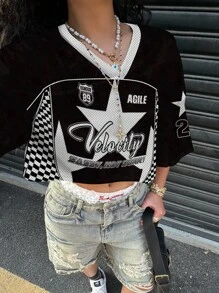 SHEIN EZwear 女式休闲V领宽松短款五分袖网眼T恤