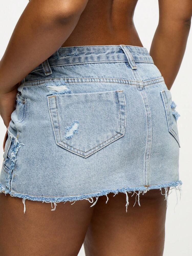 SUMWON Deconstructed Mini Denim Skirt High Waist Raw Hem Light Blue Summer Festival Asymmetric Design Street Style Party Club Fashion Statement Piece