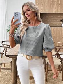 EMERY ROSE Áo sơ mi tay phồng sọc thường ngày cho kỳ nghỉ của phụ nữ Áo cánh sọc Áo tay phồng Áo sọc nữ Áo cánh tay đèn lồng Áo mùa hè có tay - Đen và trắng - Xem 7