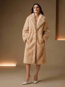 Anewsta Abrigo largo de color albaricoque con cuello de piel sintética retro, elegante y lujoso abrigo formal y elegante para otoño/invierno, Navidad, Año Nuevo, fiesta