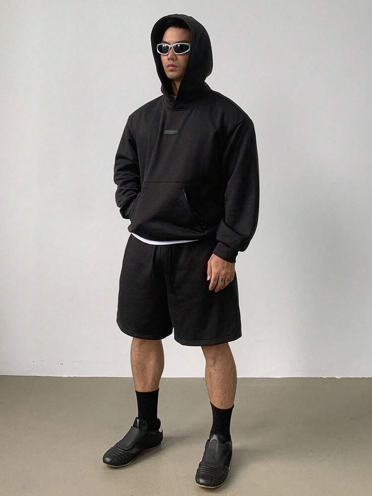 Men's Autumn Streetwear Hoodie Sweatshirt Set, Dark Grey With Patch Design