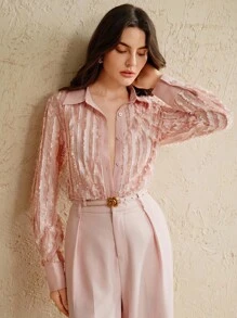 Anewsta 女装秋冬新款条纹设计长袖拼接优雅粉色上衣 - 粉色 - 查看 1