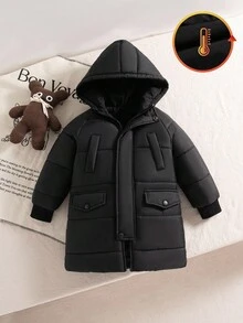 Genkimix Kids معطف بارك بسيط وأنيق مع غطاء رأس طويل وسحاب أمامي وأساور مرنة وجيوب قطعة واحدة للشتاء للأولاد، سميك ودافئ