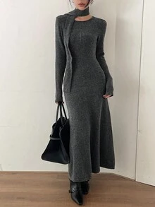 DAZY 长款针织毛衣裙配围巾，女式套头连衣裙 - 深灰色 - 查看 3