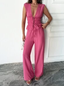 SHEIN Damen Set aus tiefem V-Ausschnitt Top mit Schleife und Hose in Unifarbe, sexy 2-teiliges Set