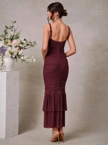 L'Amorae Váy suông xẻ tà đuôi cá xếp ly màu trơn gợi cảm cho nữ - Màu Đỏ Sâu - Xem 2