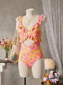 SHEIN Swim 1pc Summer Beach Ditsy Floral Ruffle One-Piece Swimsuit, Random Print - Multicolor - View 9