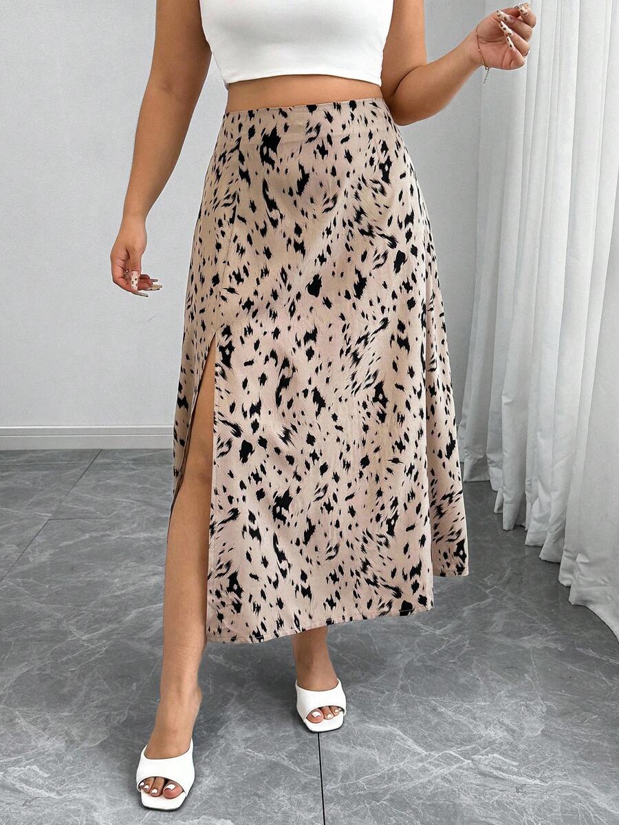 Elenzga Gonna sexy con spacco, stile A-line, con stampa leopardata, adatta per appuntamenti e vacanze, taglie comode per donne curvy