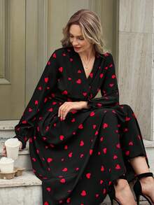 EMERY ROSE Mid-Length Criss-Cross Waist & Neck Strap Design Dress, Valentine's Day - Red and Black - View 5
