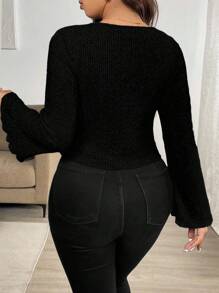 Vionelle Áo thun cổ tròn màu đen thanh lịch cỡ lớn, chất liệu vải dệt kim mềm mại, phù hợp với mọi mùa. Áo thun dệt kim gân đen tay dài màu đen. Áo thun dệt kim đen dành cho nữ màu đen. - màu đen - Xem 2