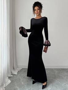 Elenzga Vestido elegante y romántico para mujer con cuello redondo, puños con volantes y estampado de leopardo en patchwork