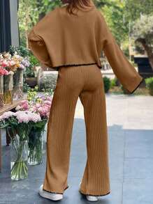 RueChic Damen Set aus Strickpullover mit Schleife, Drop-Shoulder und Langarm sowie langer Hose, Kontrast-Farben, Lässig, 2-teilig, Herbst/Winter