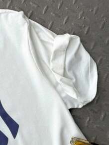 SHEIN 青少年男孩休闲街头标志印花纯色圆领短袖 T 恤，适合通勤、上学、日常休闲、度假、运动、派对、春夏季 - 寶藍色 - 查看 5