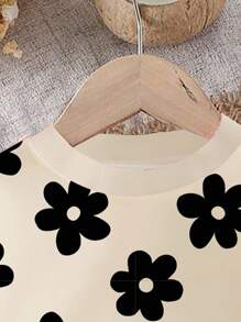 SHEIN 2pcs Baby Girl Casual Floral Pattern Knit Thick Crew Neck Long Sleeve Sweatshirt And Leggings Set, Black & White, Suitable For Autumn/Winter Fall