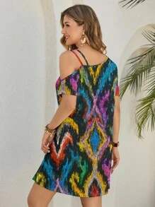 Glamance BiGraphic Women's Mini Butterfly Print Short Sleeve Shoulder Dress, Autumn Multicolor Dress Colorful Dress Cold Shoulder Dress Ikat Print Dress - Multicolor - View 2