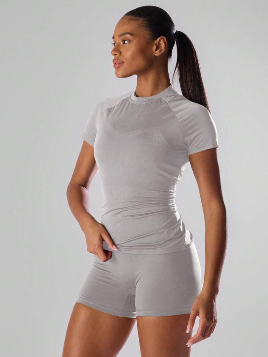 Musera Sport 纯色短袖运动T恤 跑步短裤 舒适休闲 健身 健身房 跑步 俱乐部 - 板式网球、网球、匹克球 健身 瑜伽 普拉提 日常休闲 夏季 - 灰色 - 查看 1