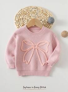 Cozy Pixies Baby Girl Bow Decor Round Neck Long Sleeve Pullover Sweater, Versatile & Comfortable,In Fall/Winter - Multicolor - View 6