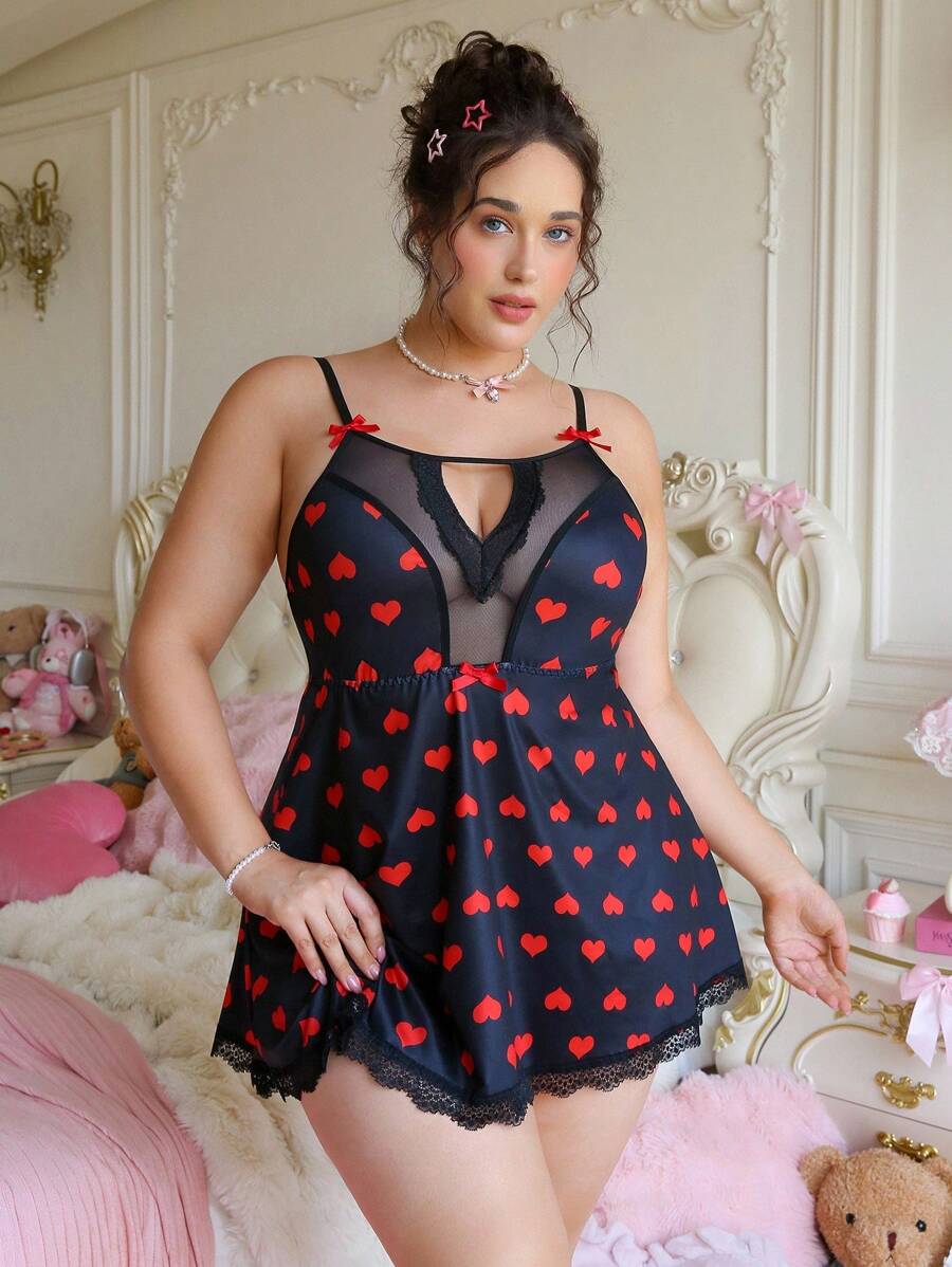 Spicy Aura 2pcs Black & Red Heart Decor Camisole & Slip Dress Set - Multicolor - View 1
