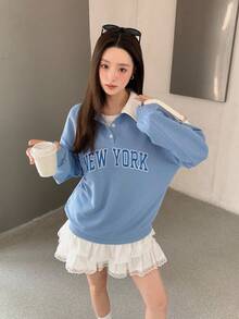 SHEIN 少女蓝白针织美式复古学院风 Polo 领落肩字母图案套头衫，长袖上衣，开学季 - 藍白色 - 查看 5